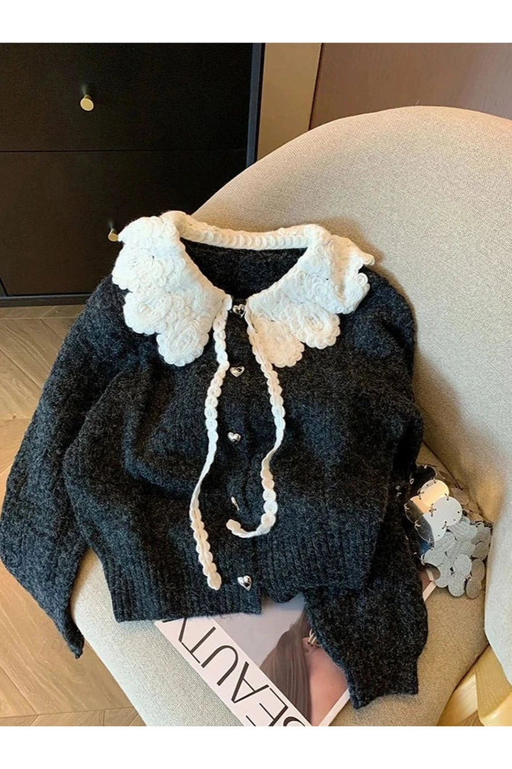 Retro Lace Collar Button-Up Cardigan Black One Size Shoptery