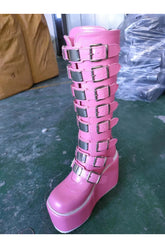 Alt Heart Buckle Knee Boots Pink Shoptery
