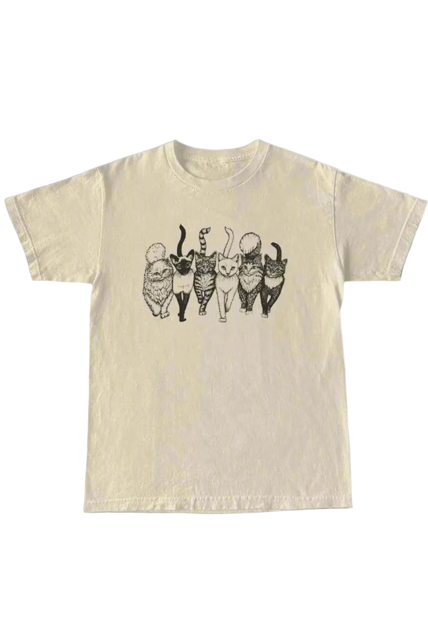 Aesthetic Cat Gang Graphic T-Shirt Khaki Shoptery