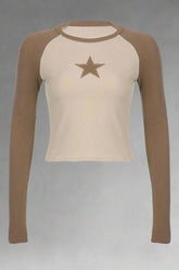 Celestial Contrast Long Sleeve Crop Top Khaki Shoptery