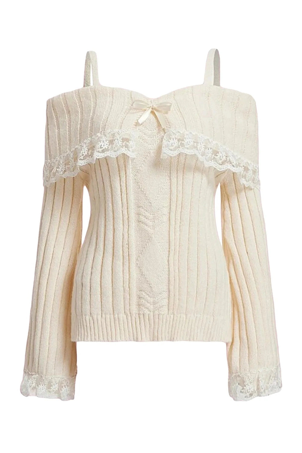 Coquette Cold Shoulder Lace Knit Sweater WHITE Shoptery