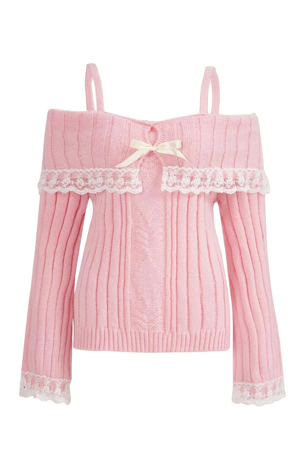 Coquette Cold Shoulder Lace Knit Sweater Pink(AE存量)****** Shoptery