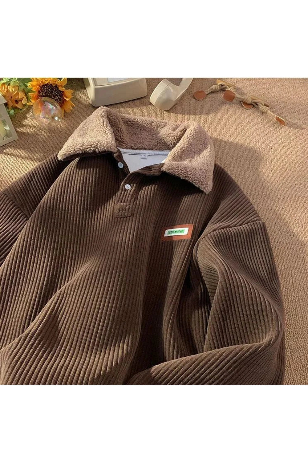 Retro Corduroy Polo Collar Pullover Brown Shoptery