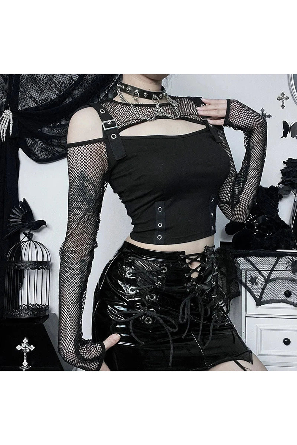 Alt Fishnet Patchwork Buckle Crop Top Shoptery