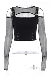Alt Fishnet Patchwork Buckle Crop Top black Shoptery