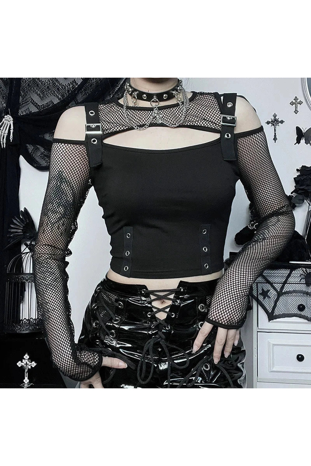 Alt Fishnet Patchwork Buckle Crop Top Shoptery