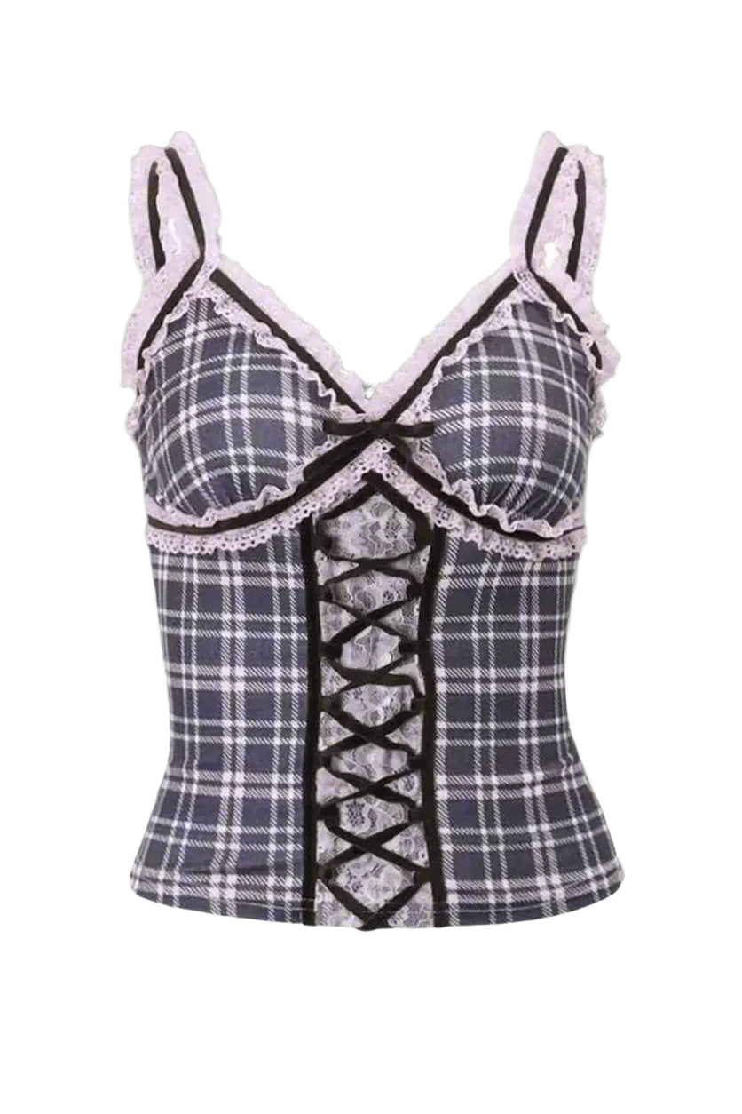 Coquette Lace Patchwork Plaid Top Light Brown Shoptery