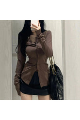 Retro Long Sleeve Elegant Blouse Brown Shoptery