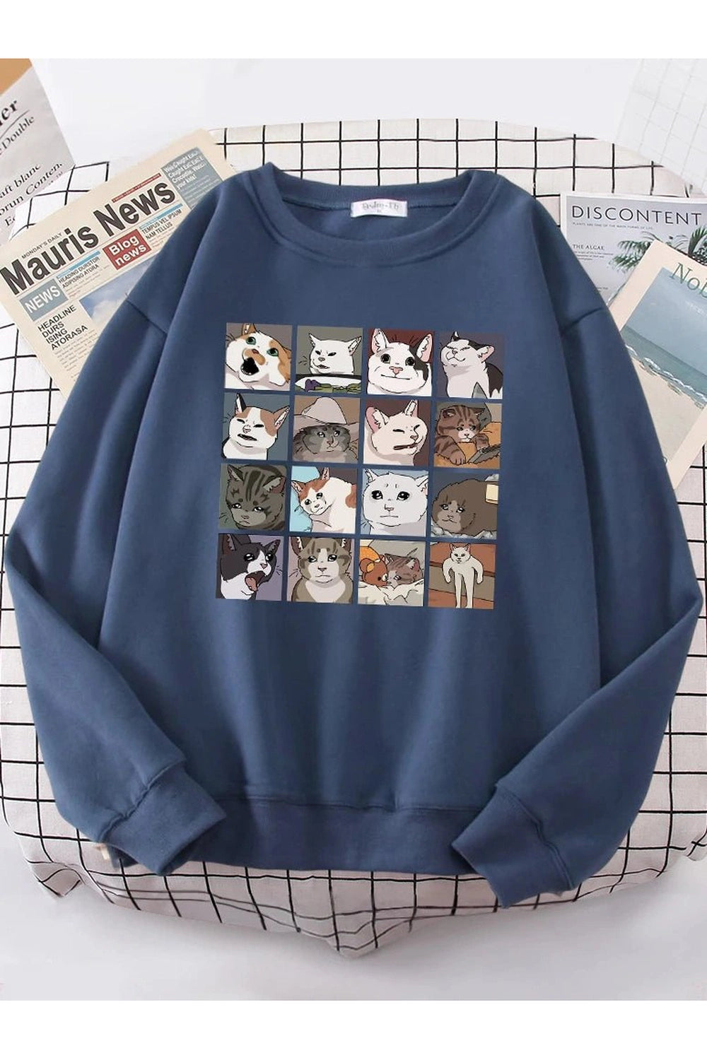 Aesthetic Meme Cats Oversized Sweatshirt Haze Blue Shoptery