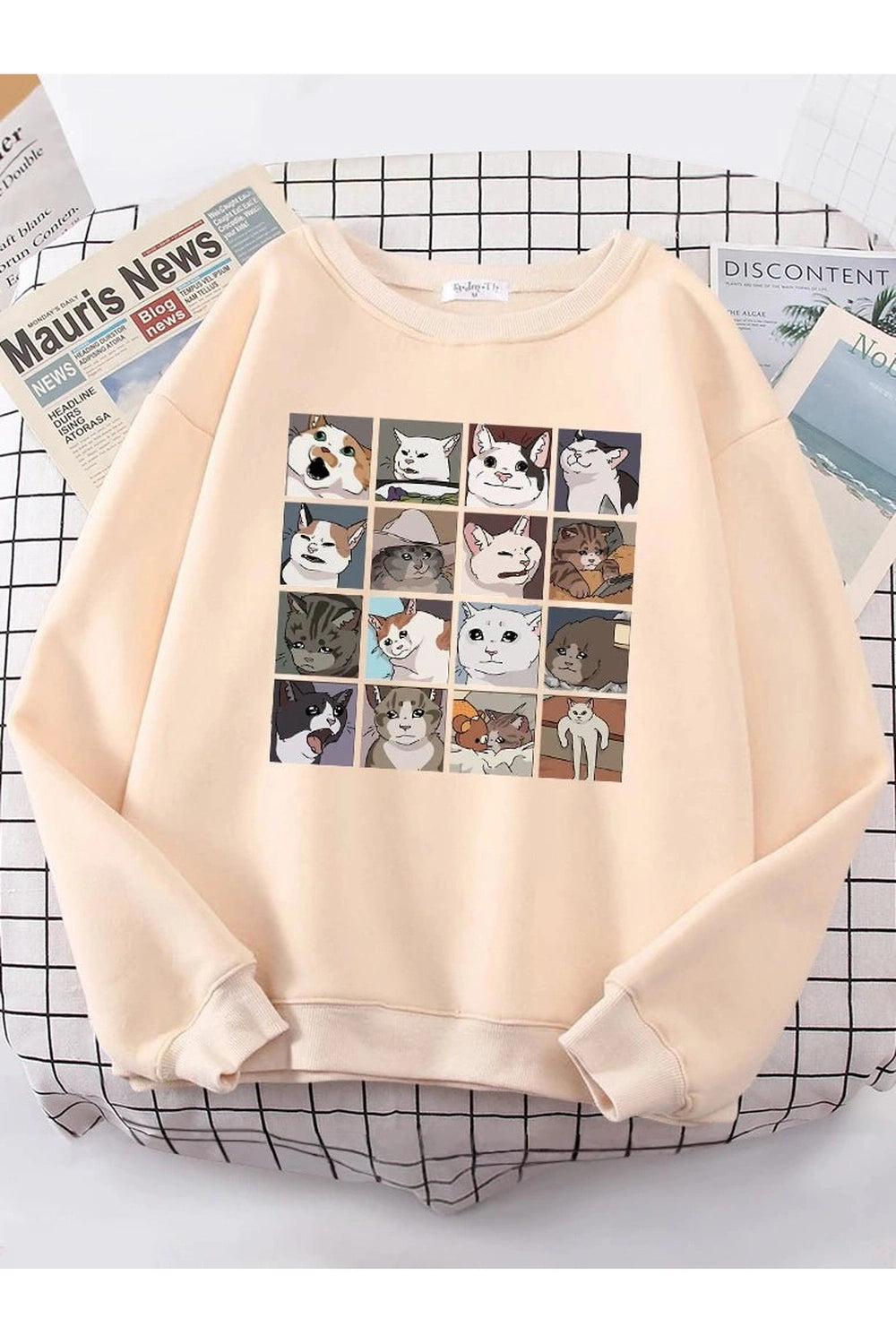 Aesthetic Meme Cats Oversized Sweatshirt Beige Shoptery