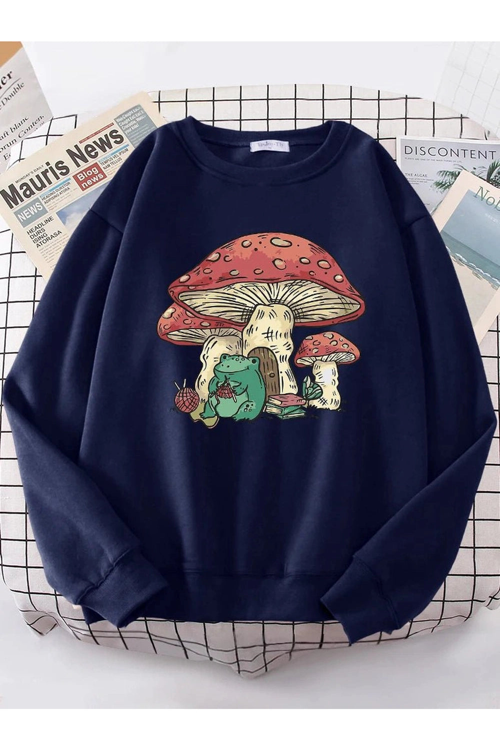 Aesthetic Mushroom House Frog Oversize Sweatshirt Dark Blue Shoptery