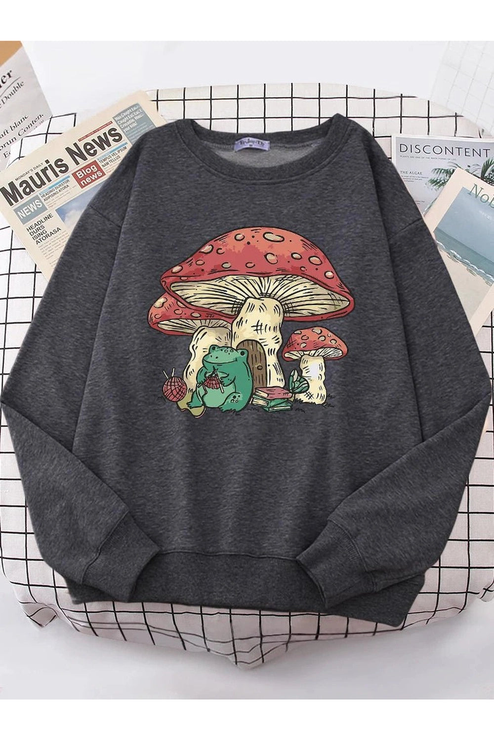 Aesthetic Mushroom House Frog Oversize Sweatshirt Dark Gray Shoptery