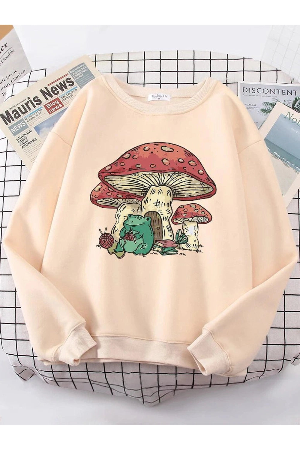 Aesthetic Mushroom House Frog Oversize Sweatshirt Beige Shoptery