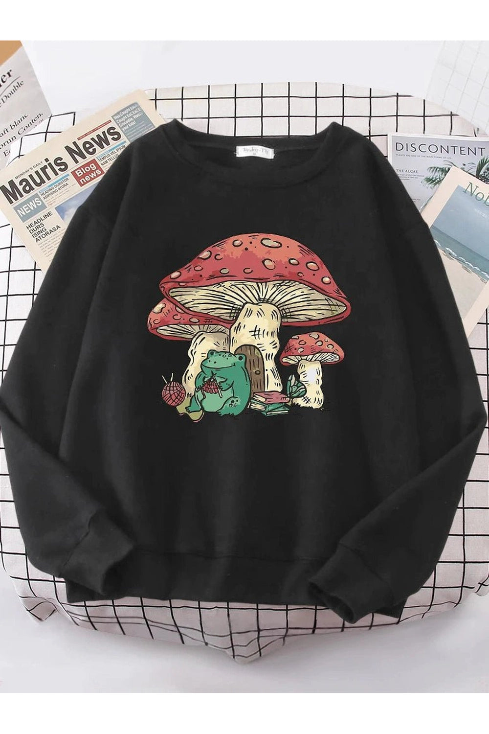 Aesthetic Mushroom House Frog Oversize Sweatshirt Black Shoptery