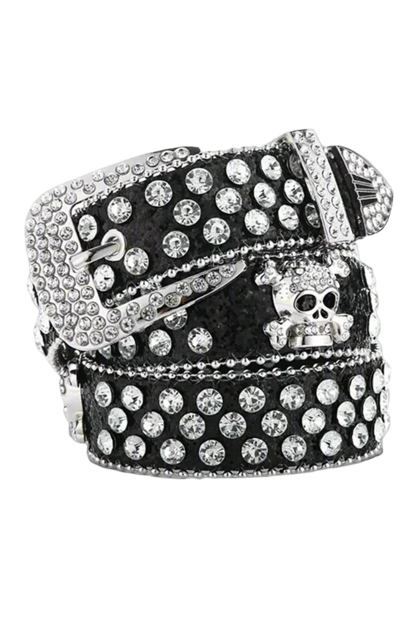 Alt Rhinestone Skull Rivet Belt Black 100cm Shoptery