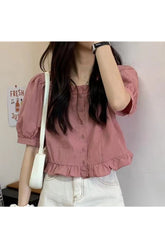 Retro Ruffles Cute Button Up Blouse Pink Shoptery