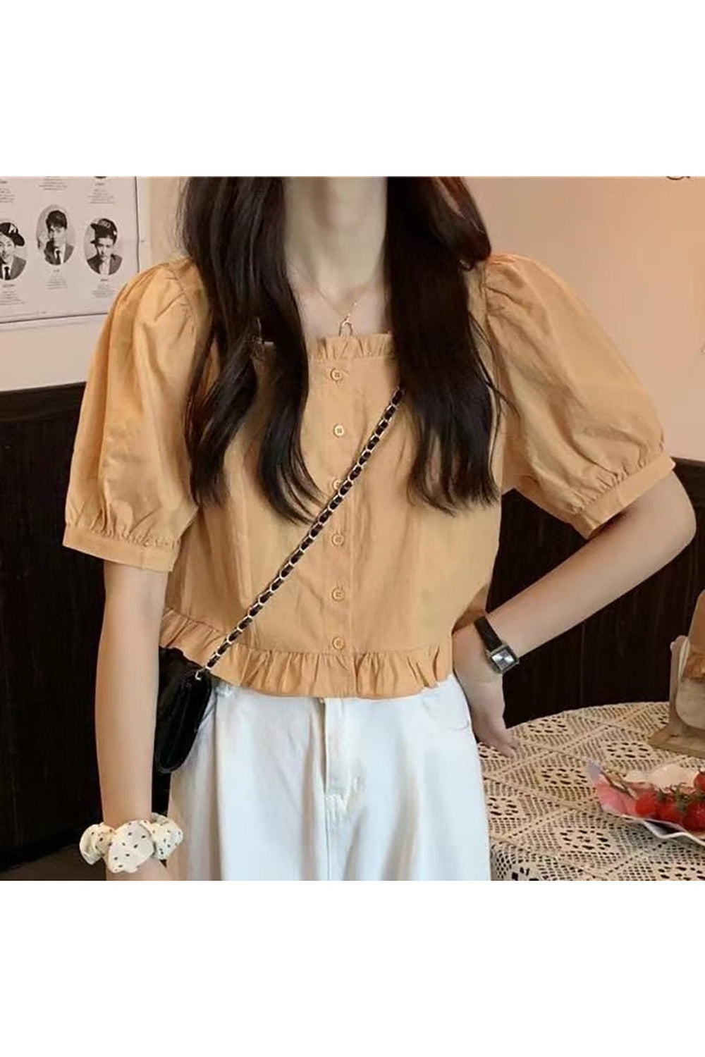 Retro Ruffles Cute Button Up Blouse Yellow Shoptery