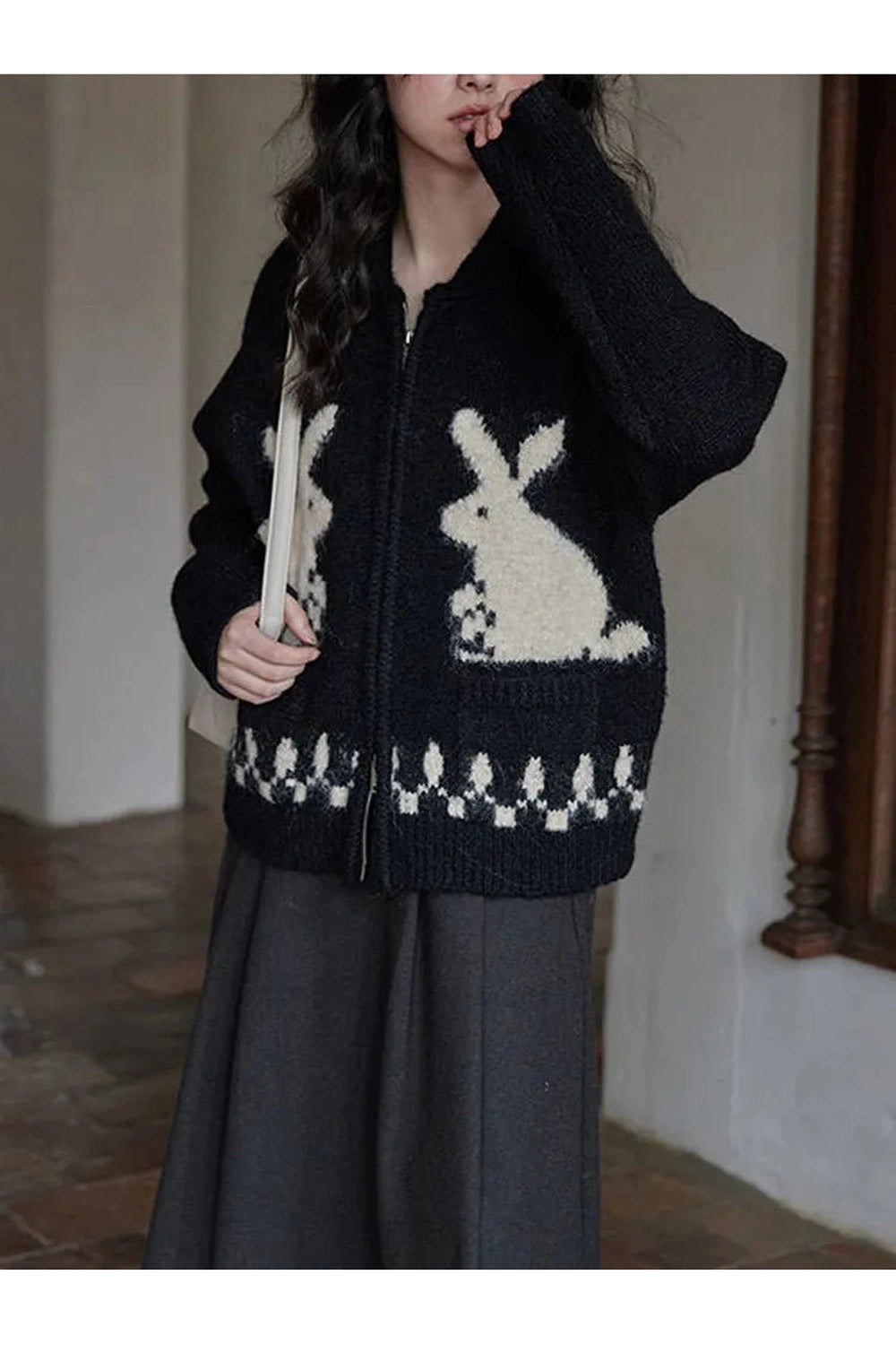 Kawaii Whimsical Bunny Motif Zip-Up Cardigan Shoptery