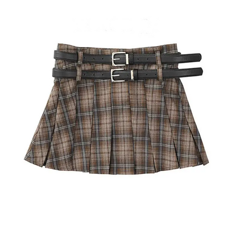 Midnight Prep Pleated Retro Skirt khaki belt Shoptery