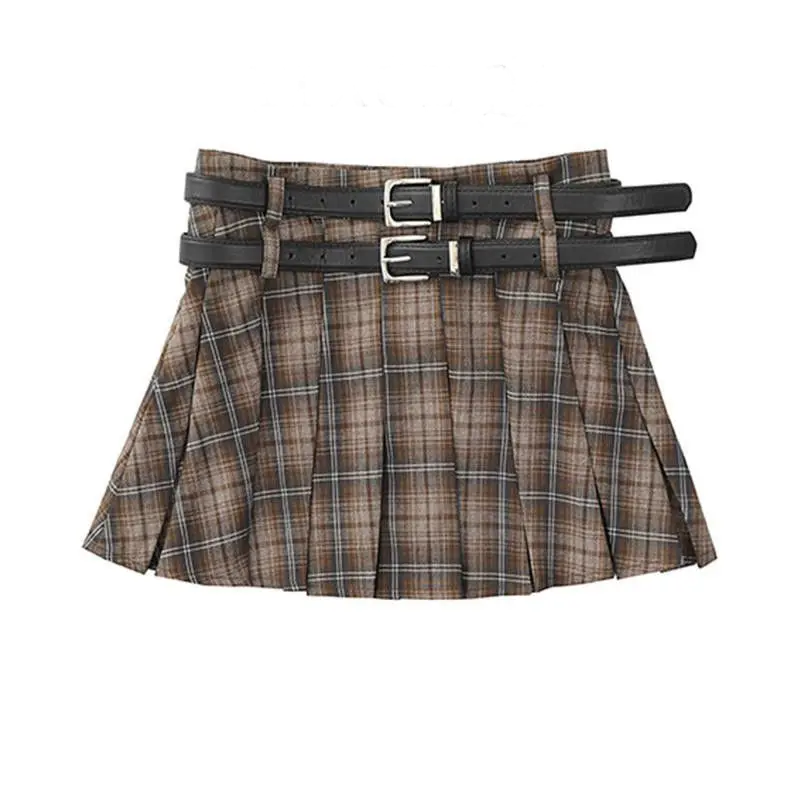 Midnight Prep Pleated Retro Skirt khaki belt Shoptery