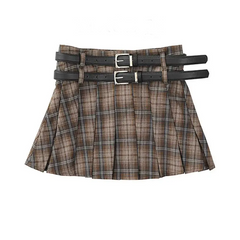 Midnight Prep Pleated Retro Skirt khaki belt Shoptery
