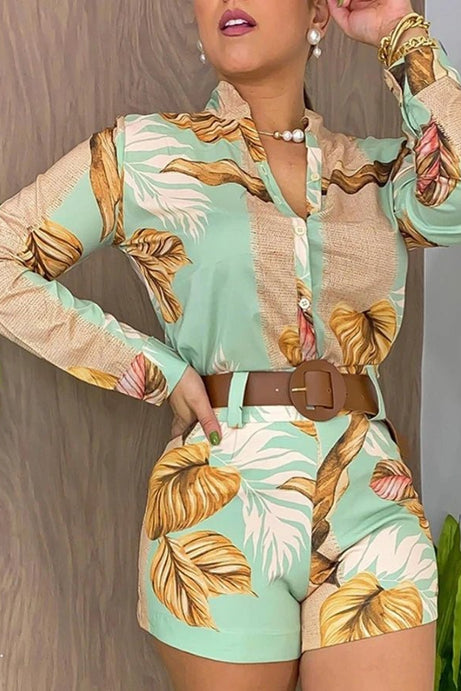 2024 Tropical Print Stand Collar Long Sleeve Top & Shorts Set - 