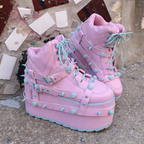Jirai Kei Pastel Pink Platform Boots with Teal Spikes & Roses Shoptery