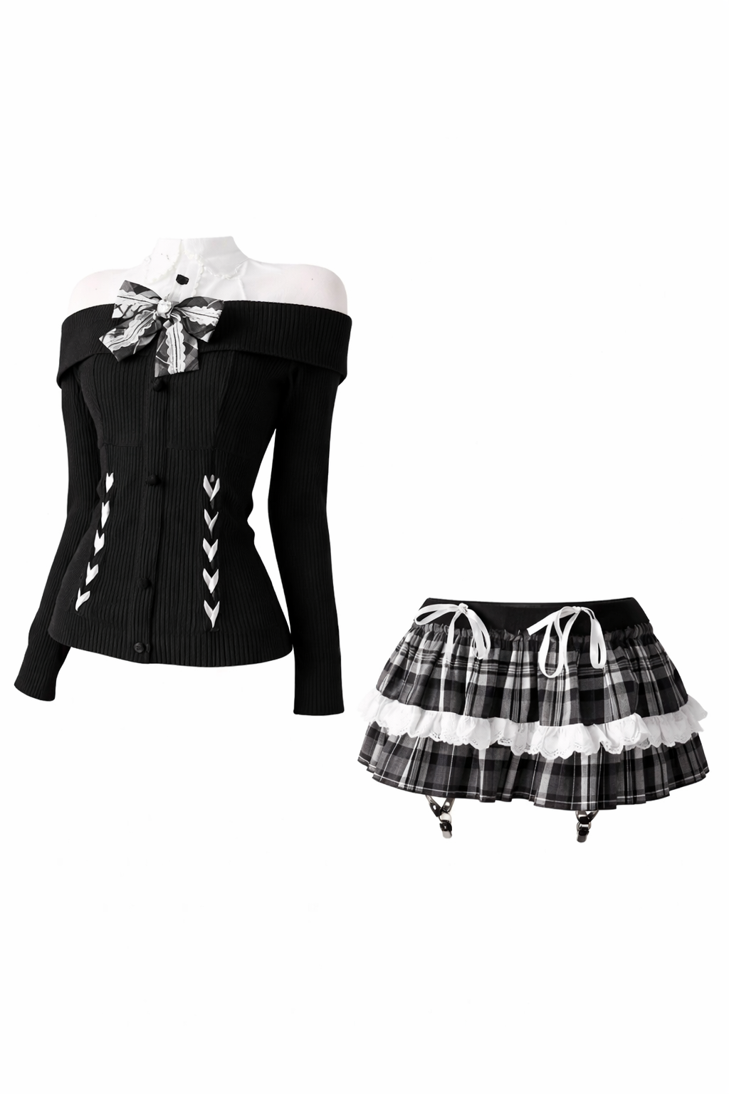 Jirai Kei Off-Shoulder Lace-Up Knit Top & Plaid Ruffle Skirt Set Shoptery Main image