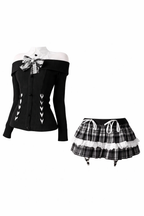 Jirai Kei Off-Shoulder Lace-Up Knit Top & Plaid Ruffle Skirt Set Shoptery