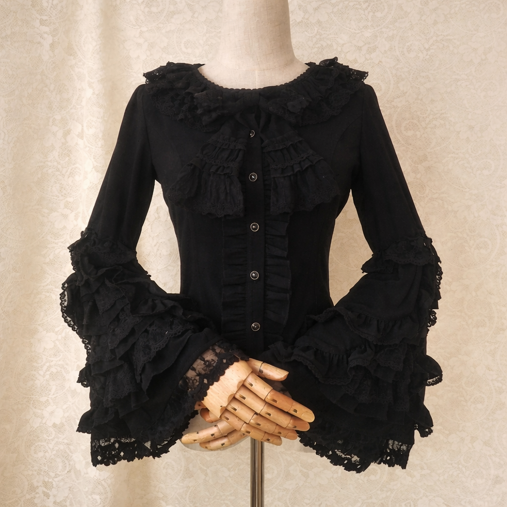 Jirai Kei Black Ruffle Lace Flare Sleeve Button Blouse black Shoptery