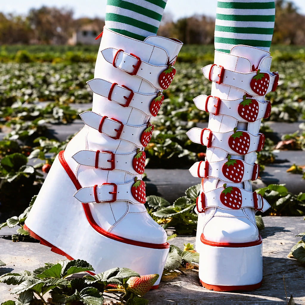 Decora Rainbow Heart Multi-Buckle Platform Mid-Calf Boots in Pink white strawberry China Mainland Shoptery