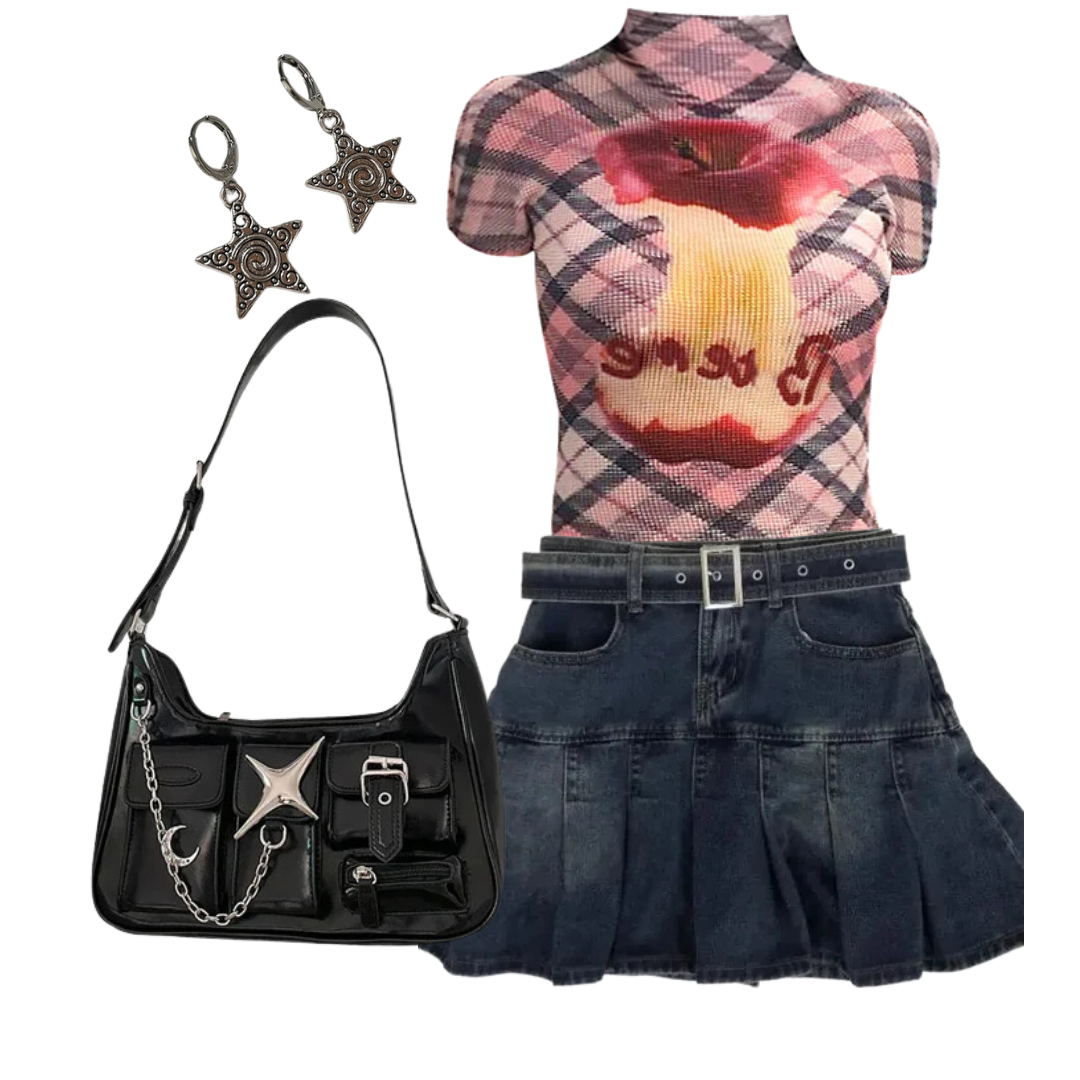 Outfit:Plaid Applecore Mesh Crop Top+Vintage Pleated Denim Mini Skirt+Y2k Black Chain Handbag+Earrings