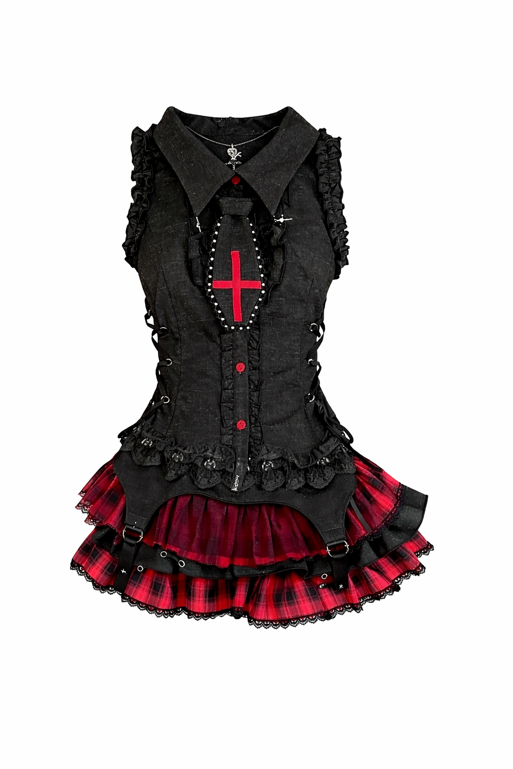 Jirai Kei Dark Cross Ruffle Tiered Plaid Skirt & Top Two-Piece Set Set Shoptery Main image