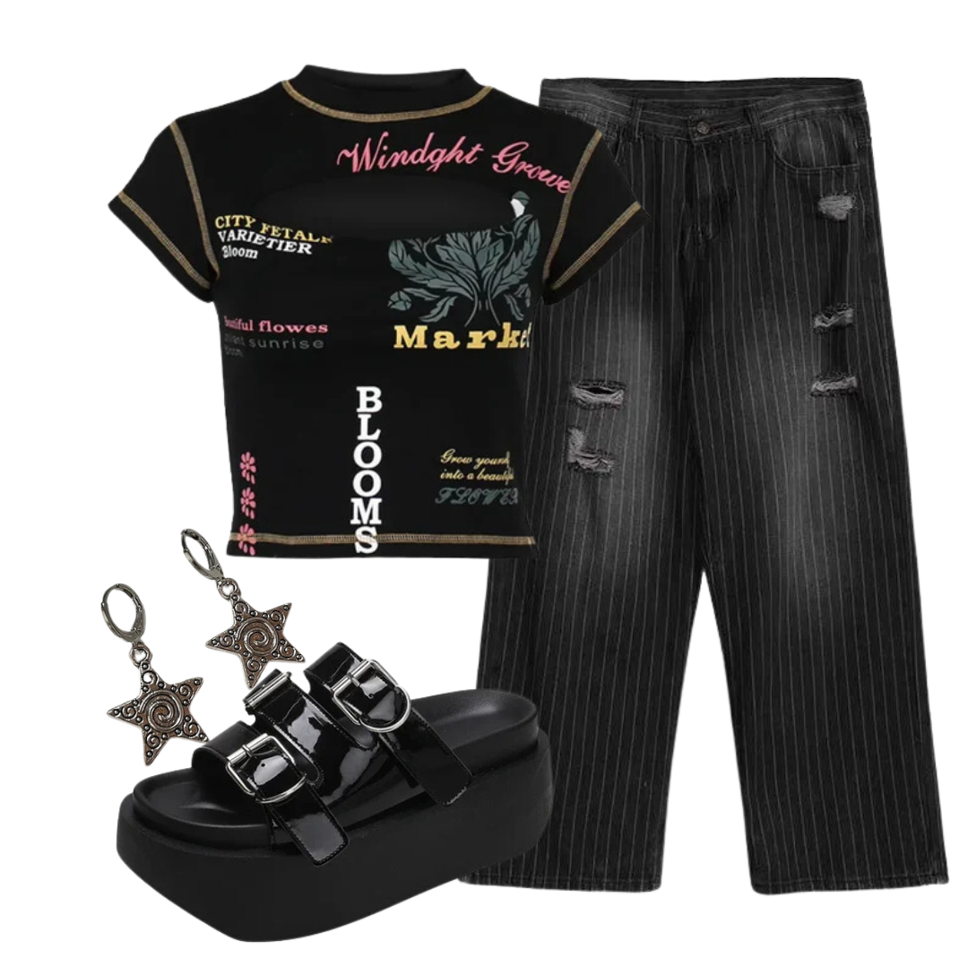 Outfit:Edgy Text Print Keyhole Top+Grunge Distressed Pinstripe Pants+Glossy Buckle Platform Sandals+Earrings