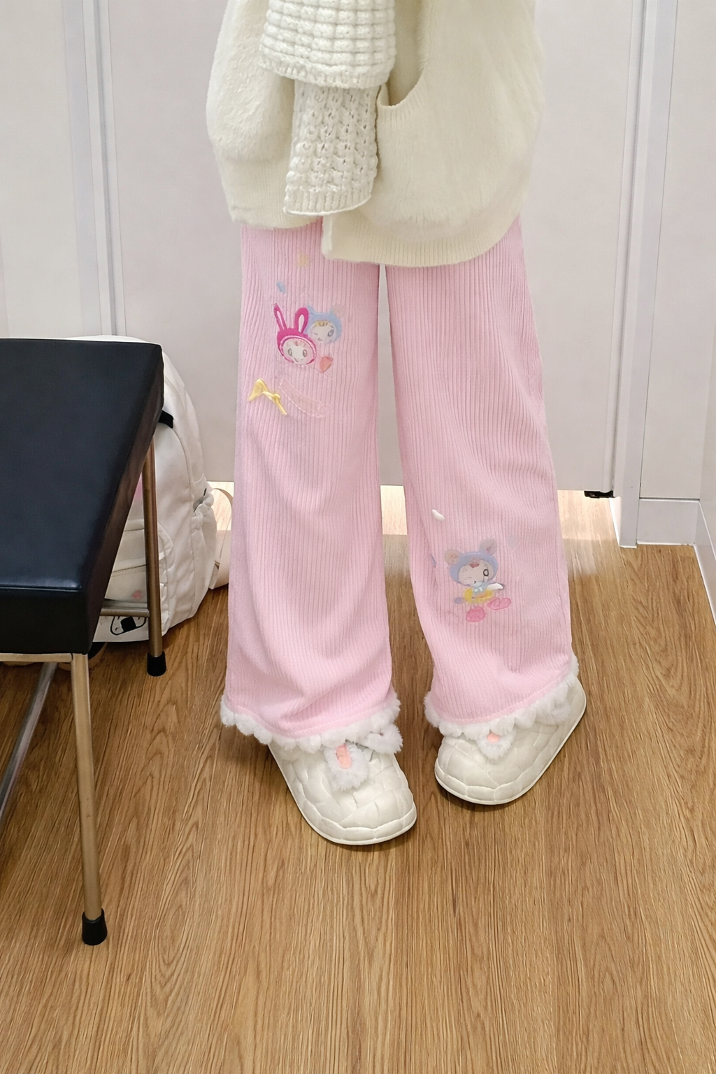 Fairy Kei Bunni Planet Embroidered Wide-Leg Ribbed Trousers Pink Shoptery