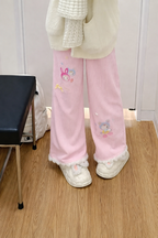 Fairy Kei Bunni Planet Embroidered Wide-Leg Ribbed Trousers Pink Shoptery