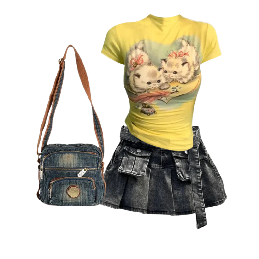 Outfit:Grunge Utility Pocket Denim Skirt+Vintage Kitten Graphic Top+Denim Crossbody Handbag