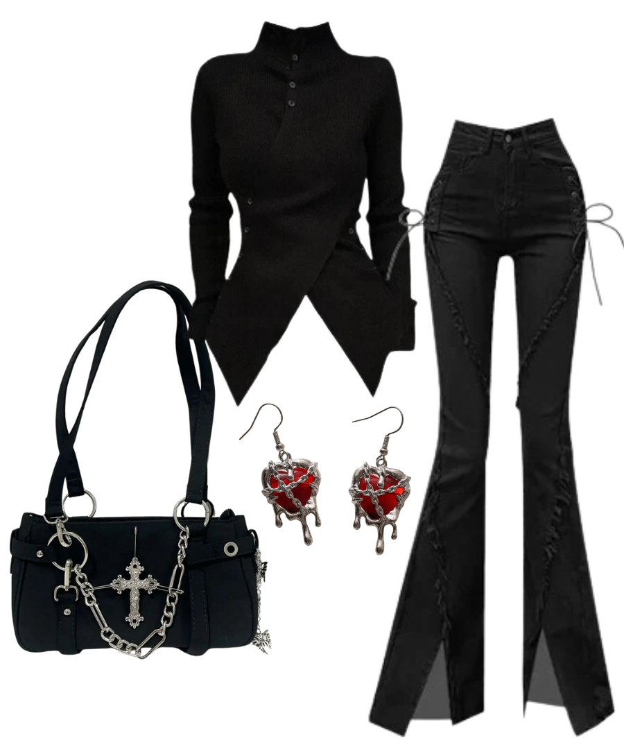 Outfit:Fall Midnight Lace-Up Flare Jeans+Fall Asymmetrical High Neck Buttoned Sweater+Gothic Cross Chain Shoulder Bag+Earrings