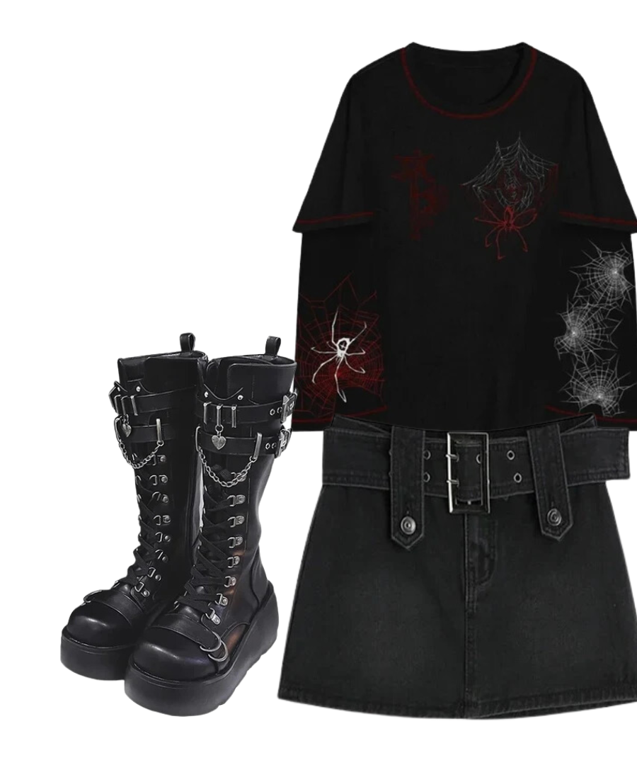 Outfit:Midnight Rebel Belted Mini Skirt+Fall Alt Long Sleeved Hoodie+Gothic Ankle Combat Boots Women's Platform