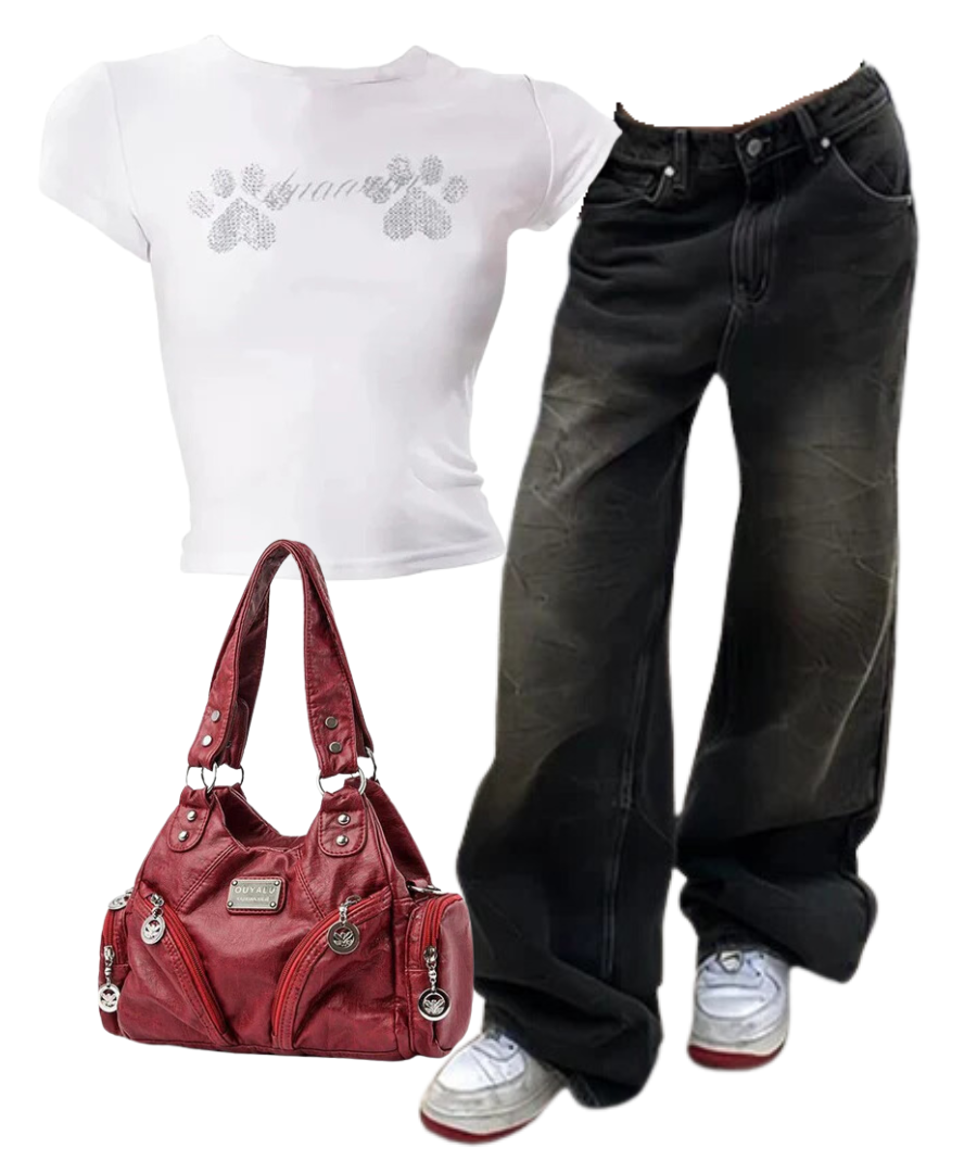 Outfit:Vintage Washed Baggy Jeans+Rhinestone Paw Print Baby Top+Midnight Zipper Accent Shoulder Bag