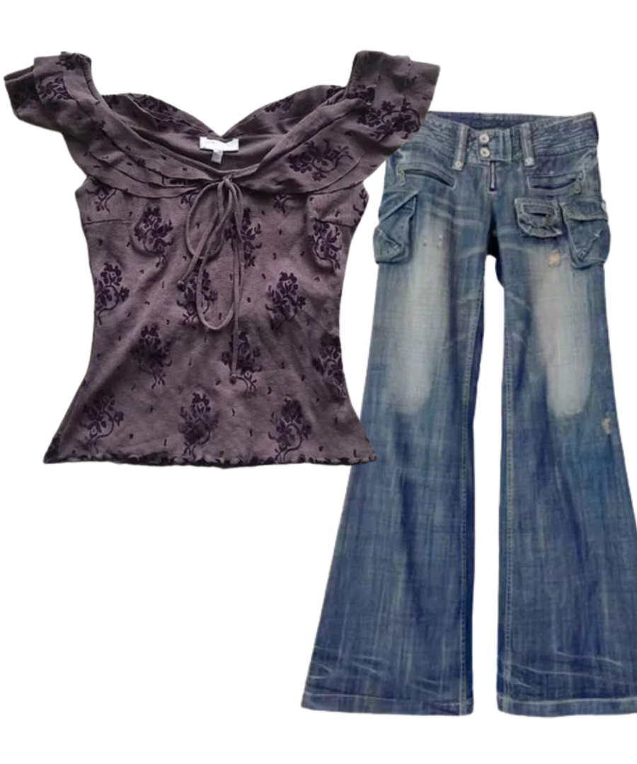 Outfit:Cargo Chic Wide-Leg Jeans+Fairycore Floral Lace-Up Off-Shoulder Top