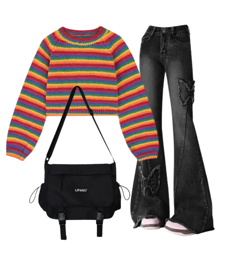 Outfit:Dark Butterfly Flare Jeans+Rainbow Stripes Cropped Sweater+Crossbody School Bag