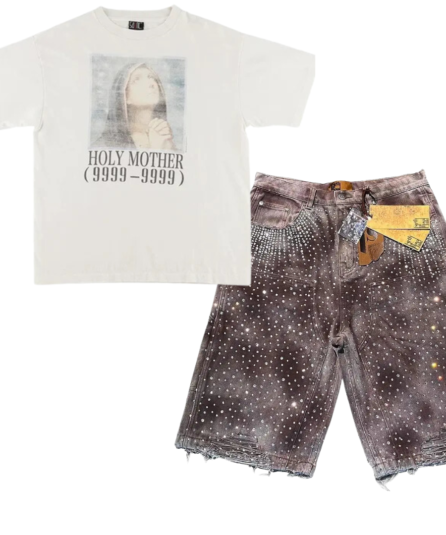 Outfit:Rhinestone Studded Distressed Denim Shorts+Holy Mother Graphic T-Shirt