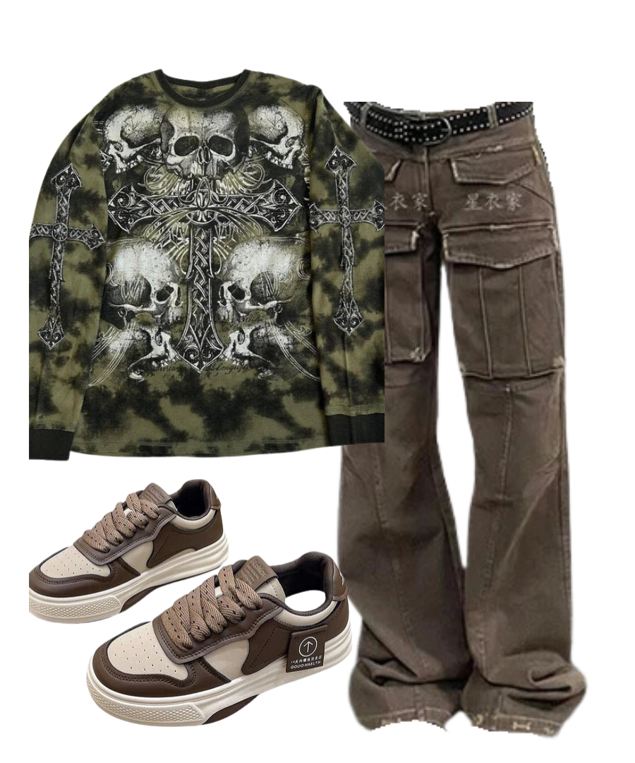 Outfit:Arctic Edge Cargo Pants+Gothic Cross and Skull Print Long Sleeve+Muffin Thick Bottom Sports Shoes