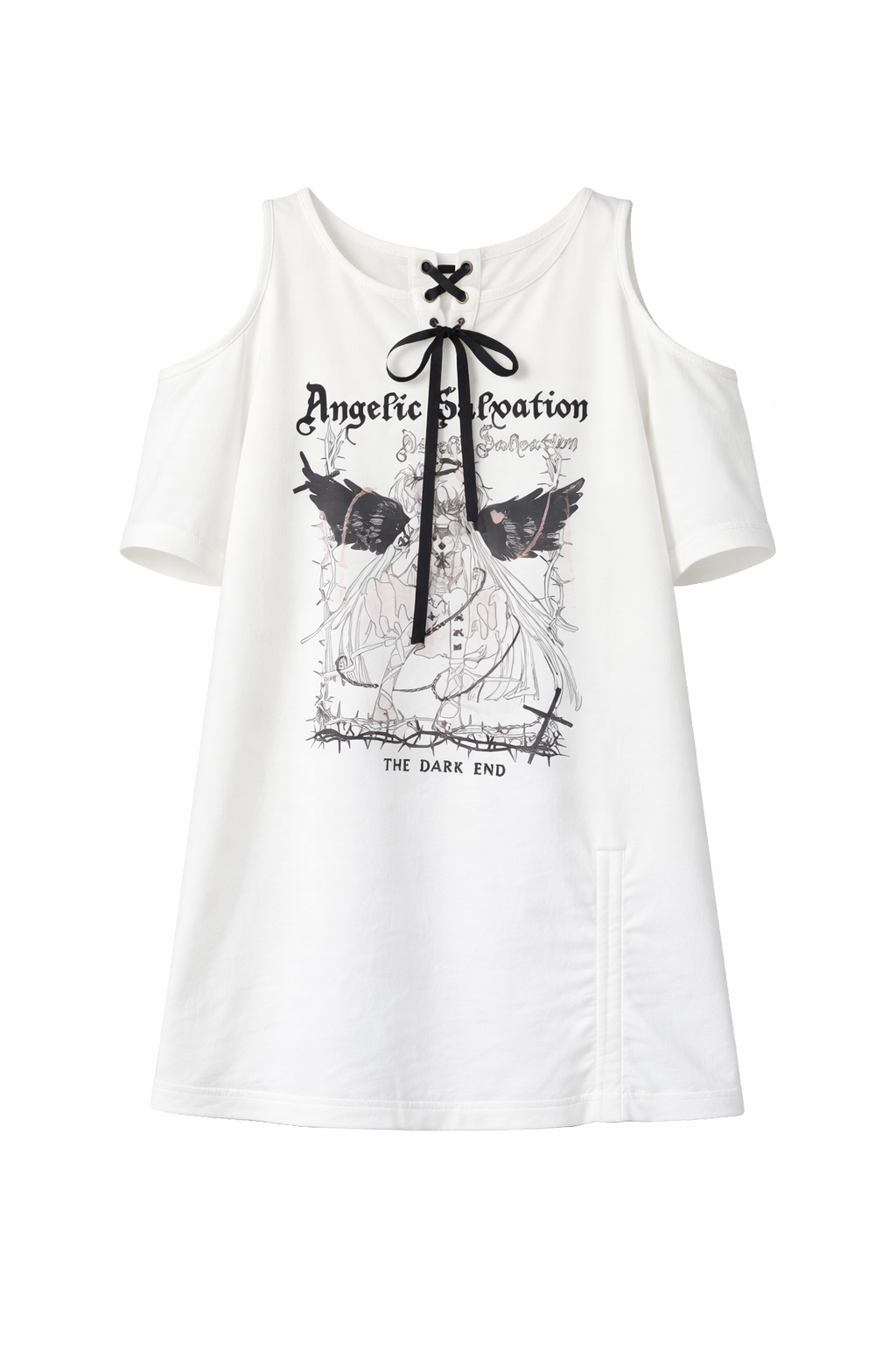 Jirai Kei Angelic Salvation Cold-Shoulder Lace-Up Mini Dress Set White Shoptery