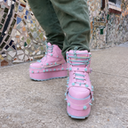 Jirai Kei Pastel Pink Platform Boots with Teal Spikes & Roses Shoptery