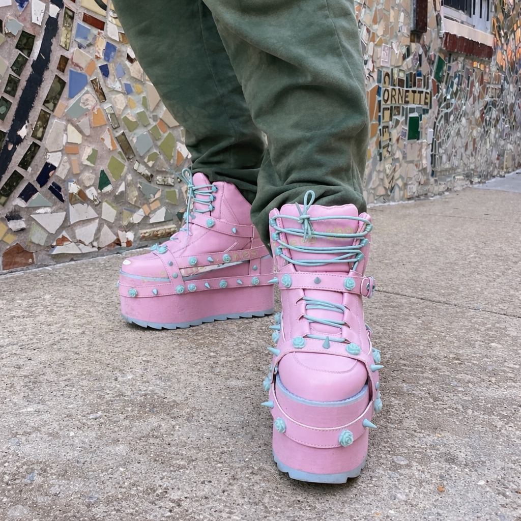 Jirai Kei Pastel Pink Platform Boots with Teal Spikes & Roses Shoptery