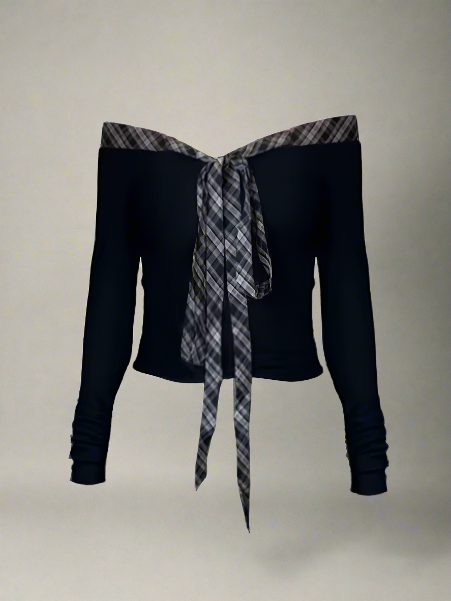 Plaid Aesthetic Off-Shoulder Long Sleeve Top Black Shoptery