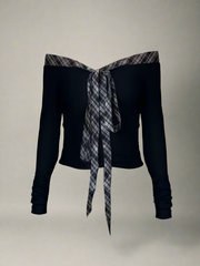 Plaid Aesthetic Off-Shoulder Long Sleeve Top Black Shoptery