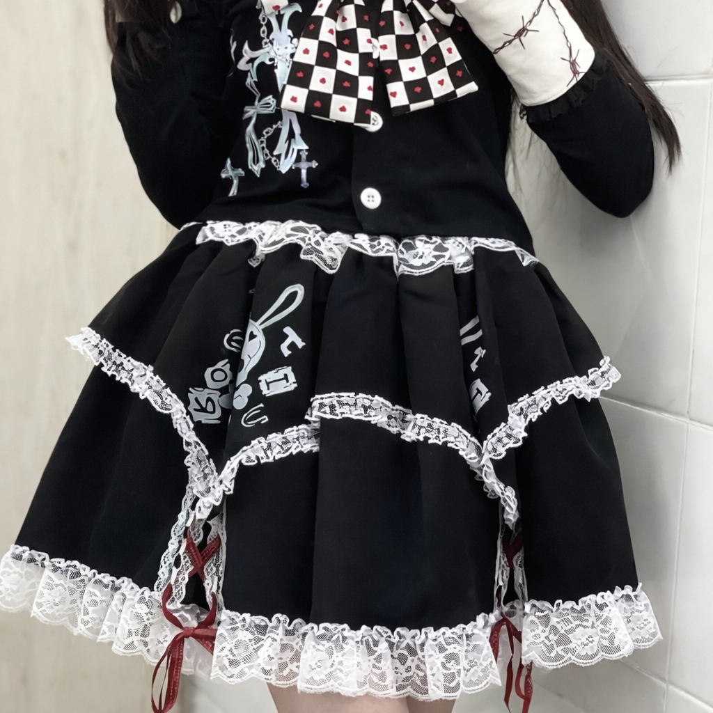 Visual Kei Skull Crossbones Lace-Trim Red Ribbon Mini Skirt Shoptery